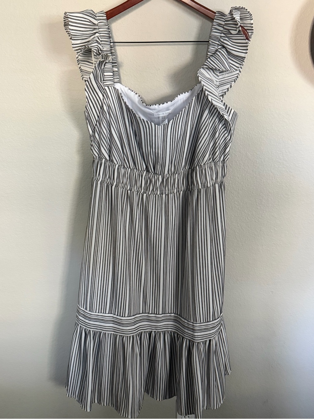 London Times Striped Ruffle Shoulder Sundress in White and Gray XL